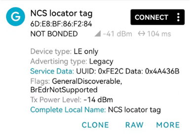 通过nRF connect APP抓取的locator_tag例子的Discoverable Advertising的数据
