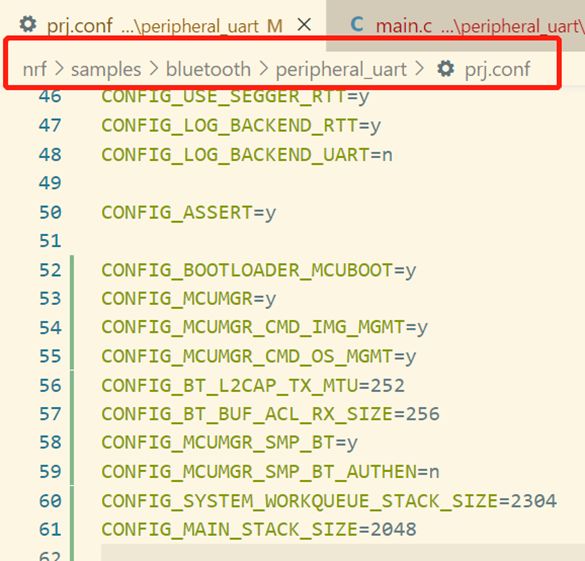 我们把上述config加在nrf\samples\bluetooth\peripheral_uart\prj.conf文件最后，这样prj.conf就改完了。