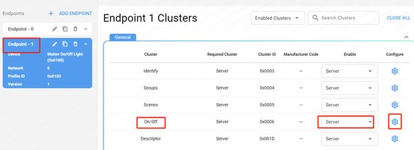 请确认on/off cluster已使能，然后点击配置图标。